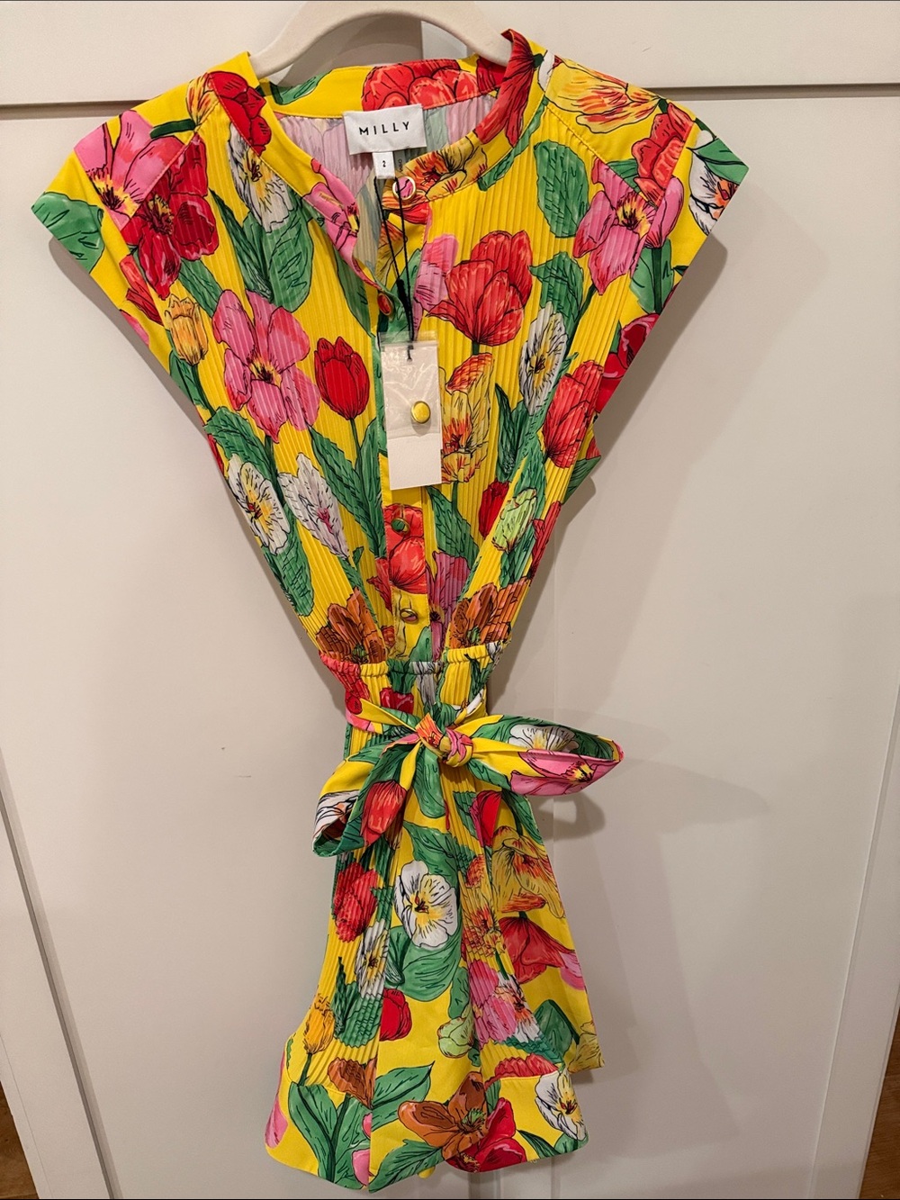 NWT Milly Yellow Floral Mini Dress with Pink, Red & Green Accents
